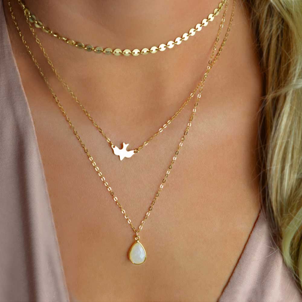 Multi-layer Dove + Water Drop Pendant Necklace - Up North Jewel